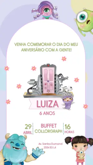 Convite de Aniversário Monstros S.A. com a Boo para Editar Online