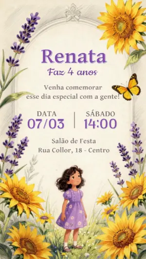 Convite de Aniversário Girassol e Lavanda Editável