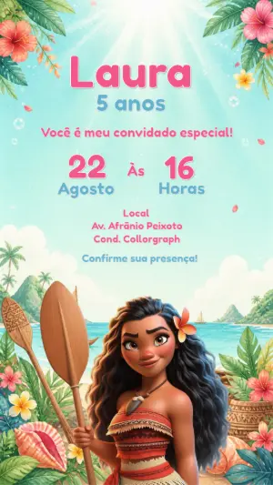 Convite de Aniversário Moana Tropical | Modelo Editável