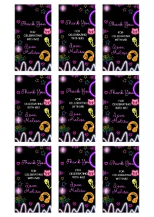 Editable Neon Birthday Thank You Tags for Glow Party