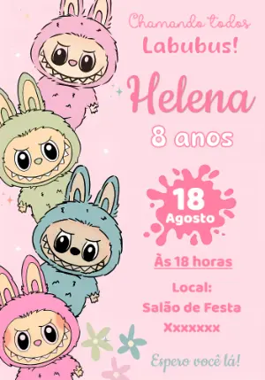 Convite de Aniversário Labubu com Personagens para Editar Online