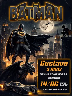 Convite de Aniversário Batman Sombrio Modelo Digital Editável