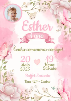 Convite Aniversário Jardim Borboletas com Foto para Editar