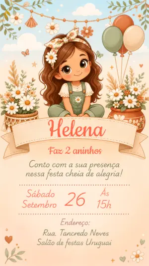 Convite Aniversário Menina Margaridas Boho Editável