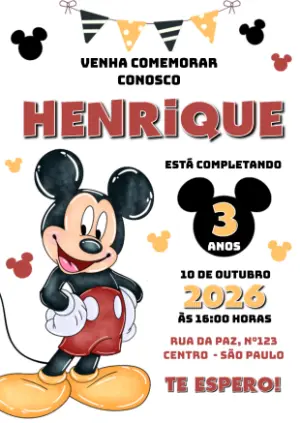 Convite de Aniversário Mickey Mouse Editável Online Infantil