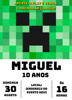 Convite Aniversário Minecraft Creeper para Editar Online