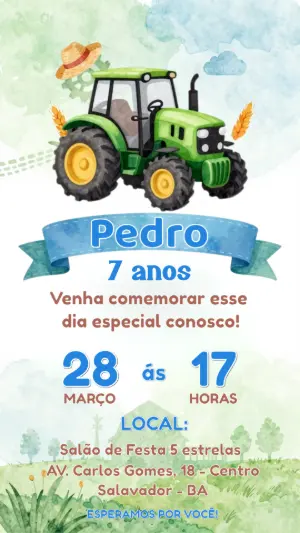 Convite Digital Infantil Trator Verde em Aquarela Editável