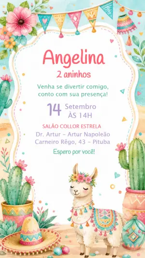 Convite Aniversário Lhama Aquarela para Editar