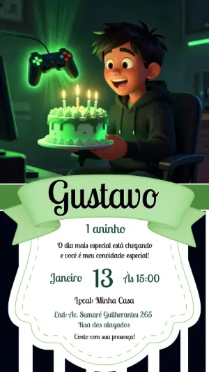 Convite de Aniversário Gamer 3D Verde para Editar Online