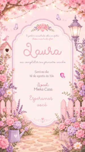 Convite de Aniversário Jardim Encantado Floral para Editar