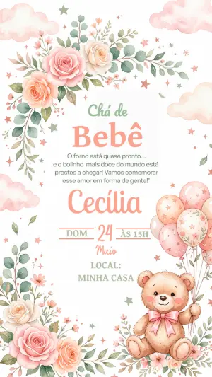Convite Chá de Bebê Ursinha Floral Aquarela Editável