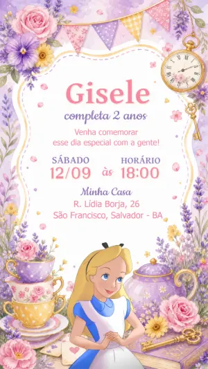 Convite de Aniversário Alice no País das Maravilhas Editável