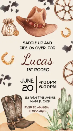 Editable Cowboy 1st Rodeo Birthday Invitation Template