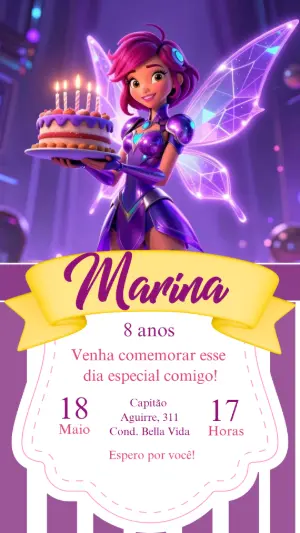 Convite Digital Aniversário Fada Futurista Editável