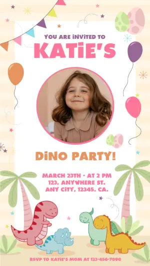 Editable Dino Birthday Invitation for Girls with Photo