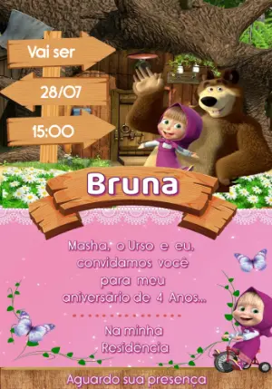 Convite Aniversário Masha e o Urso com Personagens para Editar