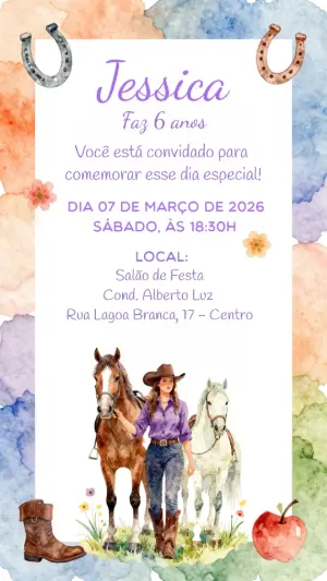 Convite de Aniversário Cowgirl com Cavalos Aquarela Editável