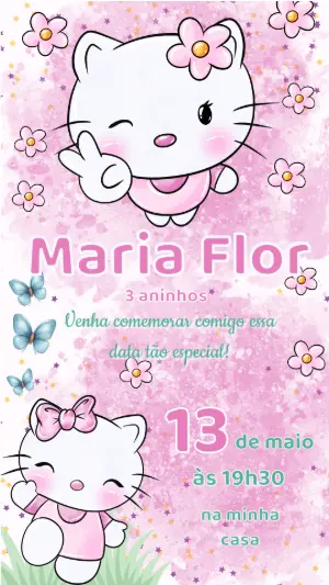 Convite de Aniversário Gatinha Fofa Rosa para Editar