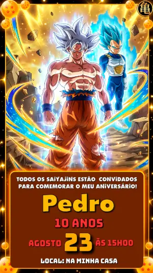 Convite Digital Dragon Ball Super com Goku e Vegeta para Editar