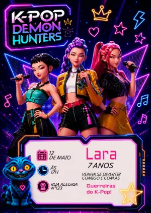 Convite de Aniversário K-Pop Demon Hunters Neon Editável