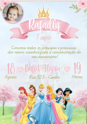 Convite Aniversário Princesas Disney com Foto para Editar