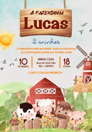 Convite de Aniversário Fazendinha Aquarela com Bichinhos Editável