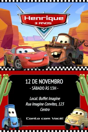 Convite de Aniversário Carros da Disney para Editar Online