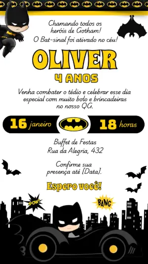 Convite de Aniversário Batman Fofo Editável para Menino