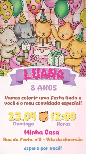 Convite de Aniversário Infantil Ursinhos Fofos Modelo Editável