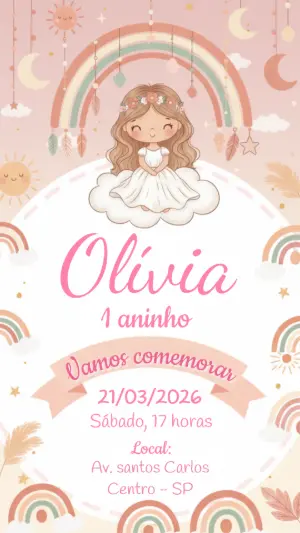 Convite Aniversário Menina Boho Arco-íris Editável Online