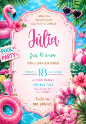Convite de Aniversário Tema Festa na Piscina para Editar