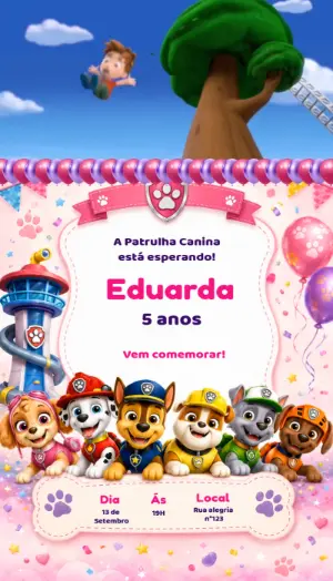 Convite Animado Aniversário Patrulha Canina Rosa Editável