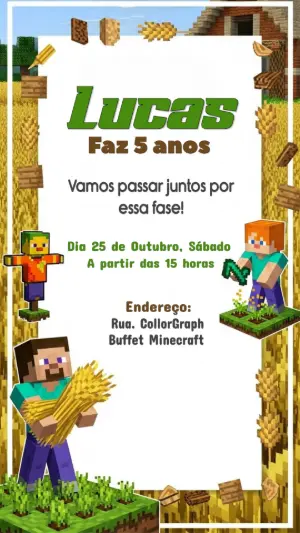 Convite Aniversário Minecraft com Personagens para Editar Online