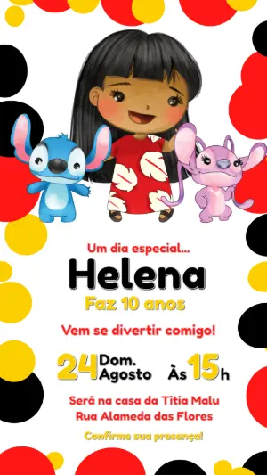 Convite de Aniversário Lilo e Stitch Colorido para Editar