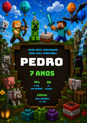 Convite de Aniversário Minecraft | Modelo Digital para Editar