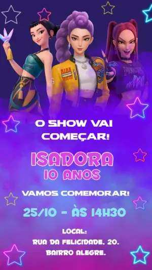 Convite Aniversário K-Pop Guerreiras para Editar Online