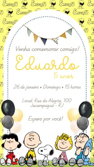Convite Aniversário Snoopy e sua Turma para Editar Online