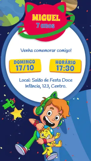 Convite Animado Aniversário Gato Galáctico para Editar