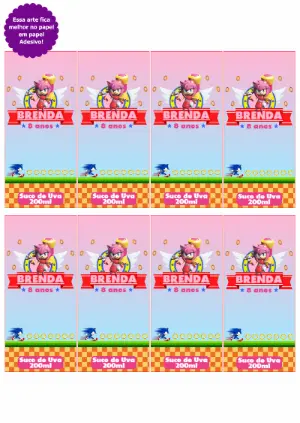 Rótulo Editável Amy Rose Sonic para Suco de Aniversário