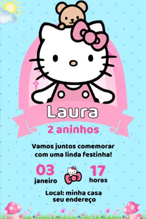 Convite de Aniversário Hello Kitty Fofo para Editar Online