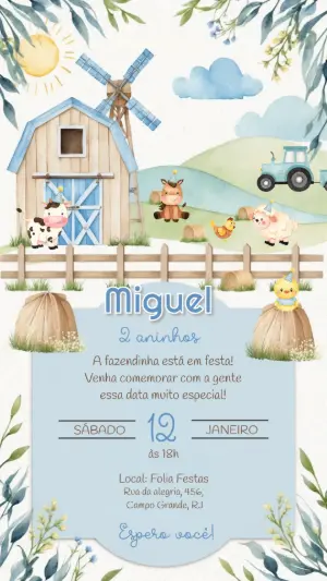 Convite de Aniversário Fazendinha Aquarela para Editar