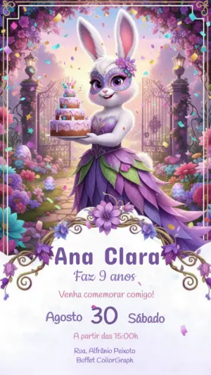 Convite Digital Aniversário Infantil Coelha Mágica Editável
