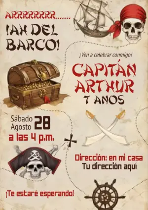 Invitación de Cumpleaños Pirata para Editar Online
