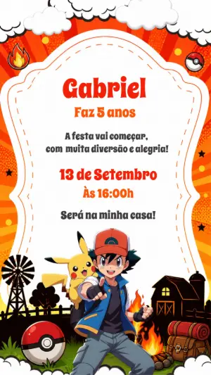 Convite Digital Pokémon para Aniversário | Modelo Editável