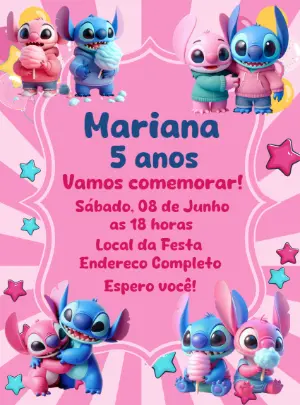 Convite Aniversário Stitch e Angel para Editar Online