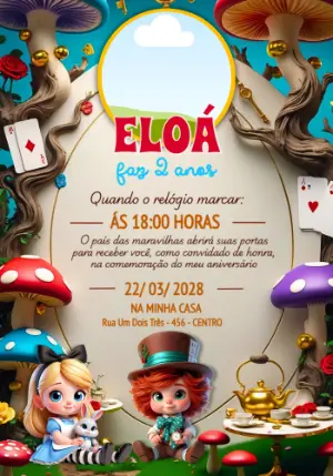 Convite Digital Alice no País das Maravilhas Fofo para Editar