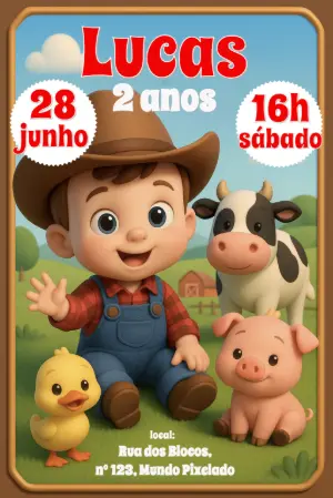 Convite Aniversário Fazendinha com Animais para Editar Online
