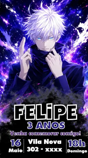 Convite de Aniversário Jujutsu Kaisen Editável com Gojo Satoru