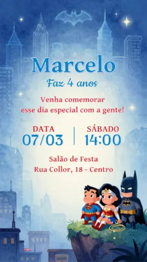 Convite Digital Aniversário Super-Heróis Fofos Editável