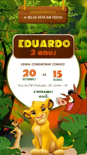 Convite de Aniversário Rei Leão com Personagens para Editar